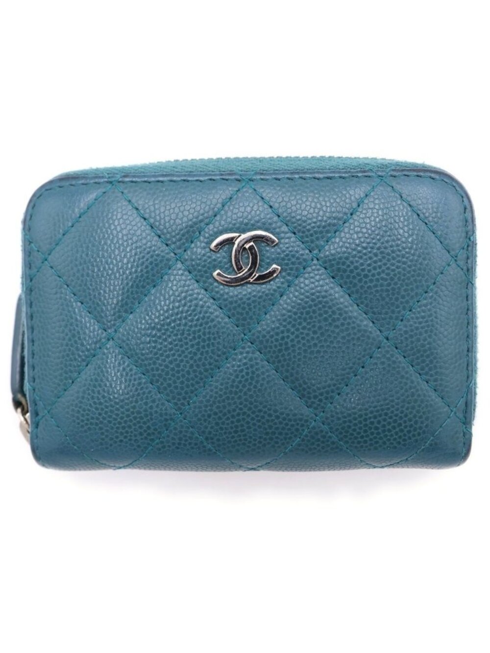 Chanel Quilted Caviar Leather Silver Coin Purse Compact Wallet Green